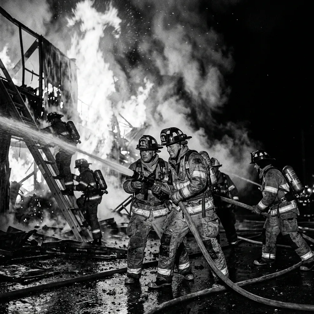 Firefighters Fighting Massive Fire Action Scene
